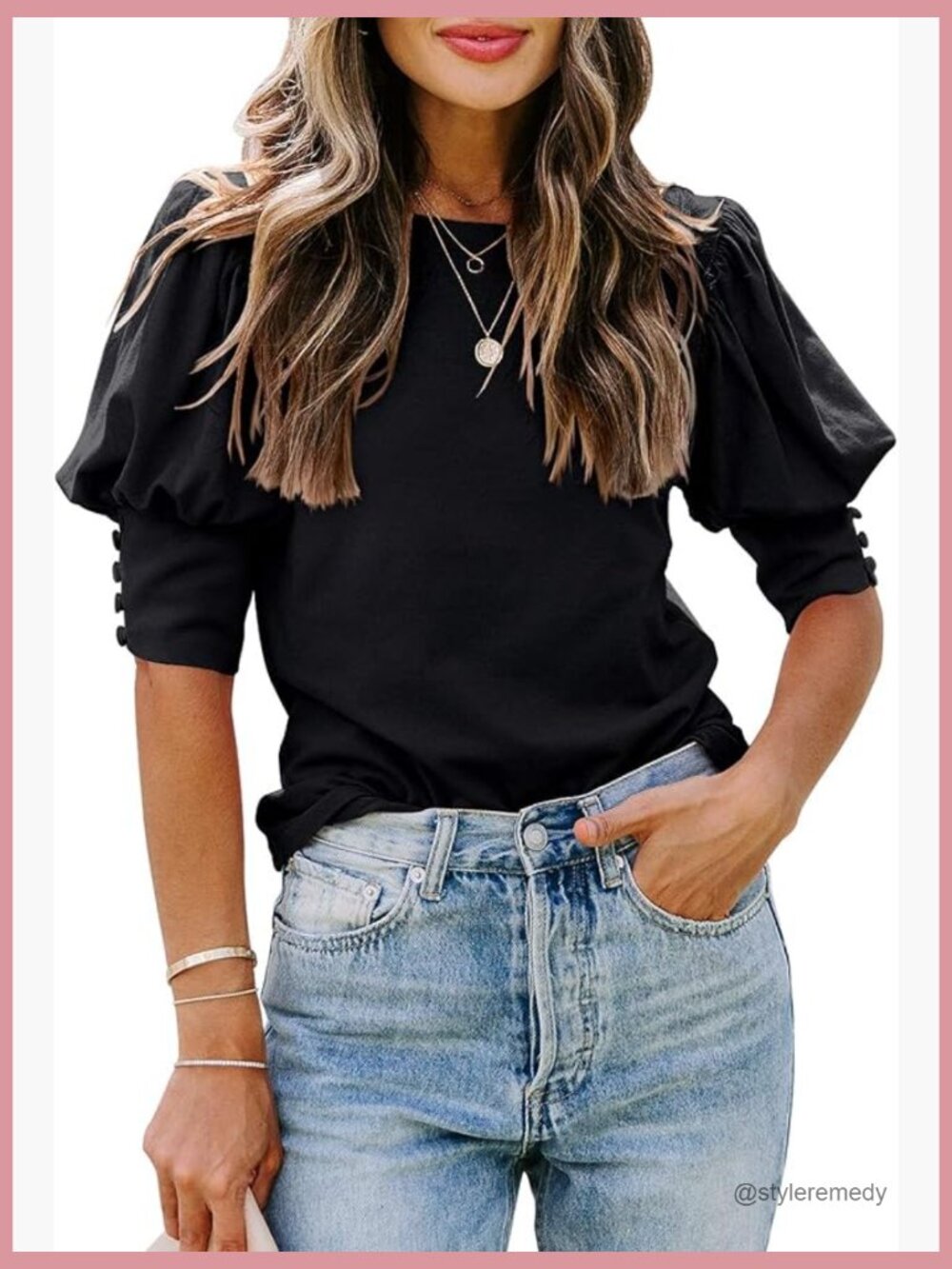 Puff Sleeve Blouse Crewneck Loose Fit Short Sleeve Summer Top